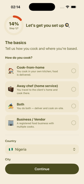 Oyabite chef app, gamified onboarding with a progress ring at 14%, step 1 of 7