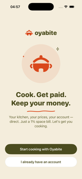 Oyabite Chef app welcome screen, start your home kitchen