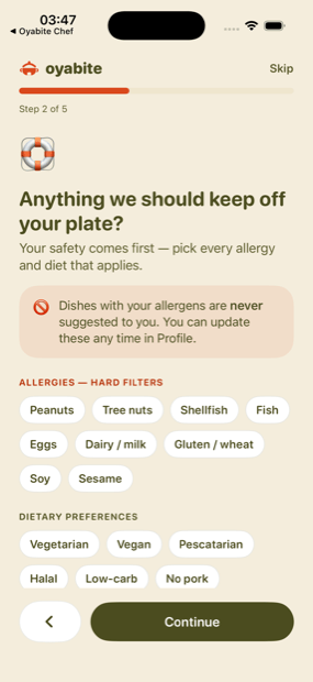 Oyabite taste onboarding, choosing allergies as hard filters so flagged dishes are never suggested