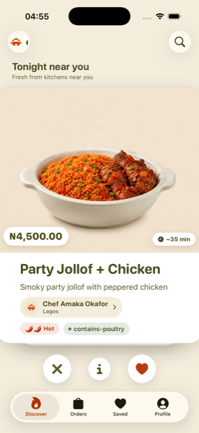 Oyabite customer app, swiping a card of party jollof from a home chef