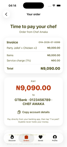 Oyabite order invoice, pay the chef directly with a 1% service charge shown clearly